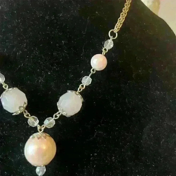 Pink Drop Necklace Faux Pearl Silver Beads Tassel Adjustable Lobster Clasp - Picture 4 of 5